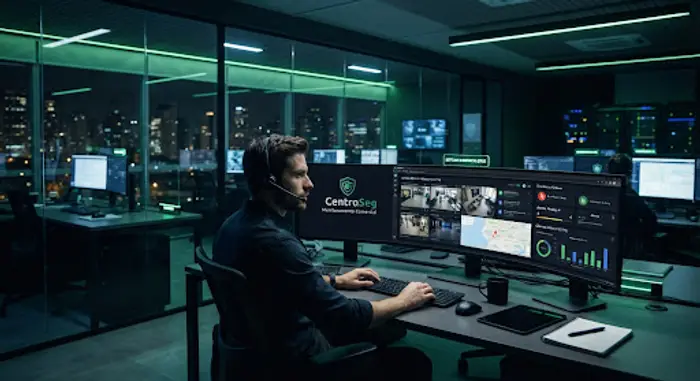 Operador CentroSeg monitorando escritório